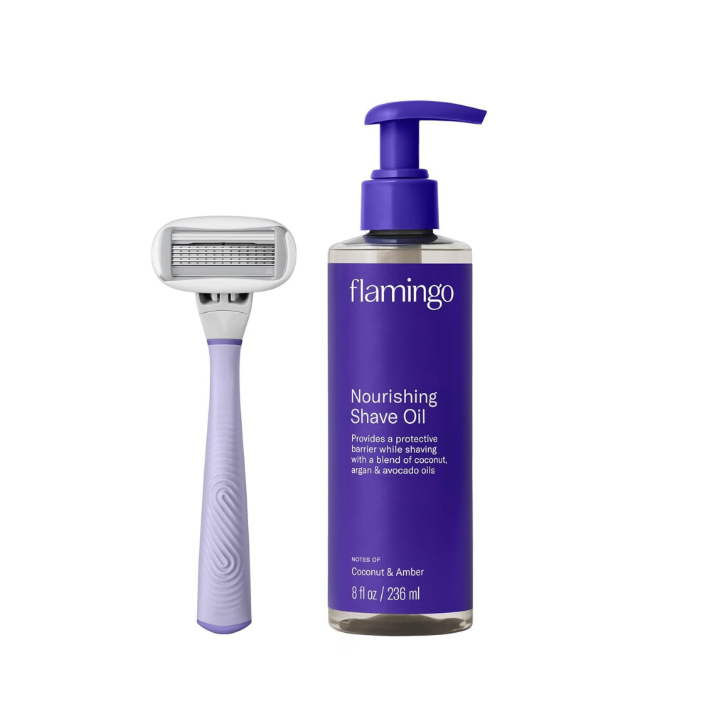 Flamingo Lilac Razor Shaving Set For Women 5Blade Razor Nourishing Shave Oil And Shower Holder