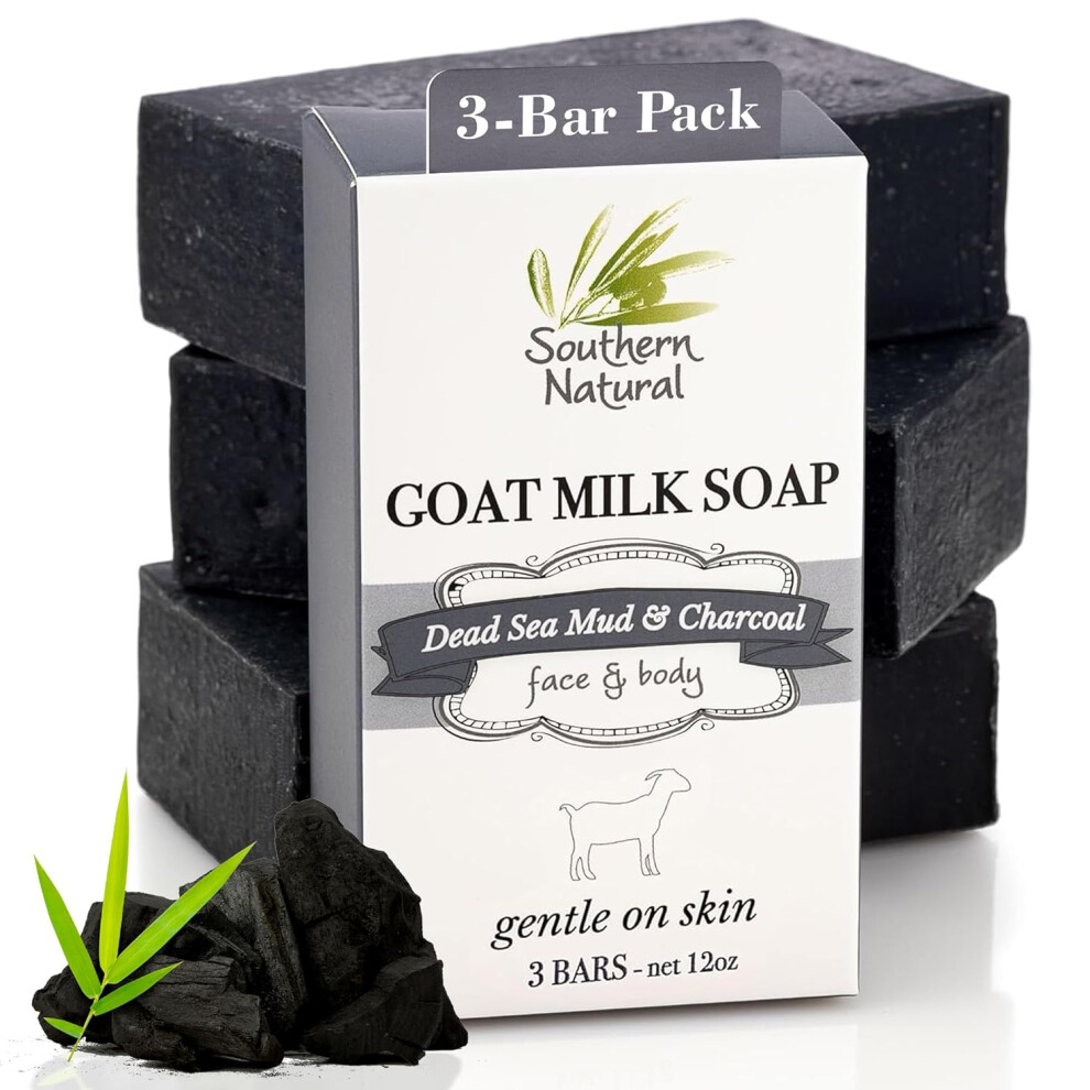 Southern Natural Activated Charcoal Soap Bar 3 Pack Face and Body Soap For Sensitive Skin With Dead Sea Mud Goat Milk  Peppermint Essential Oil