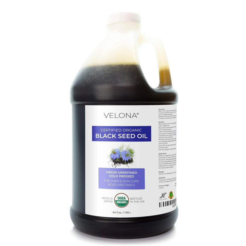 Velona Black Cumin Seed Oil Usda Certified Organic 64 Fl Oz 100 Pure And Natural Carrier Oil Unrefined Cold Pressed Hair Body And Skin Care