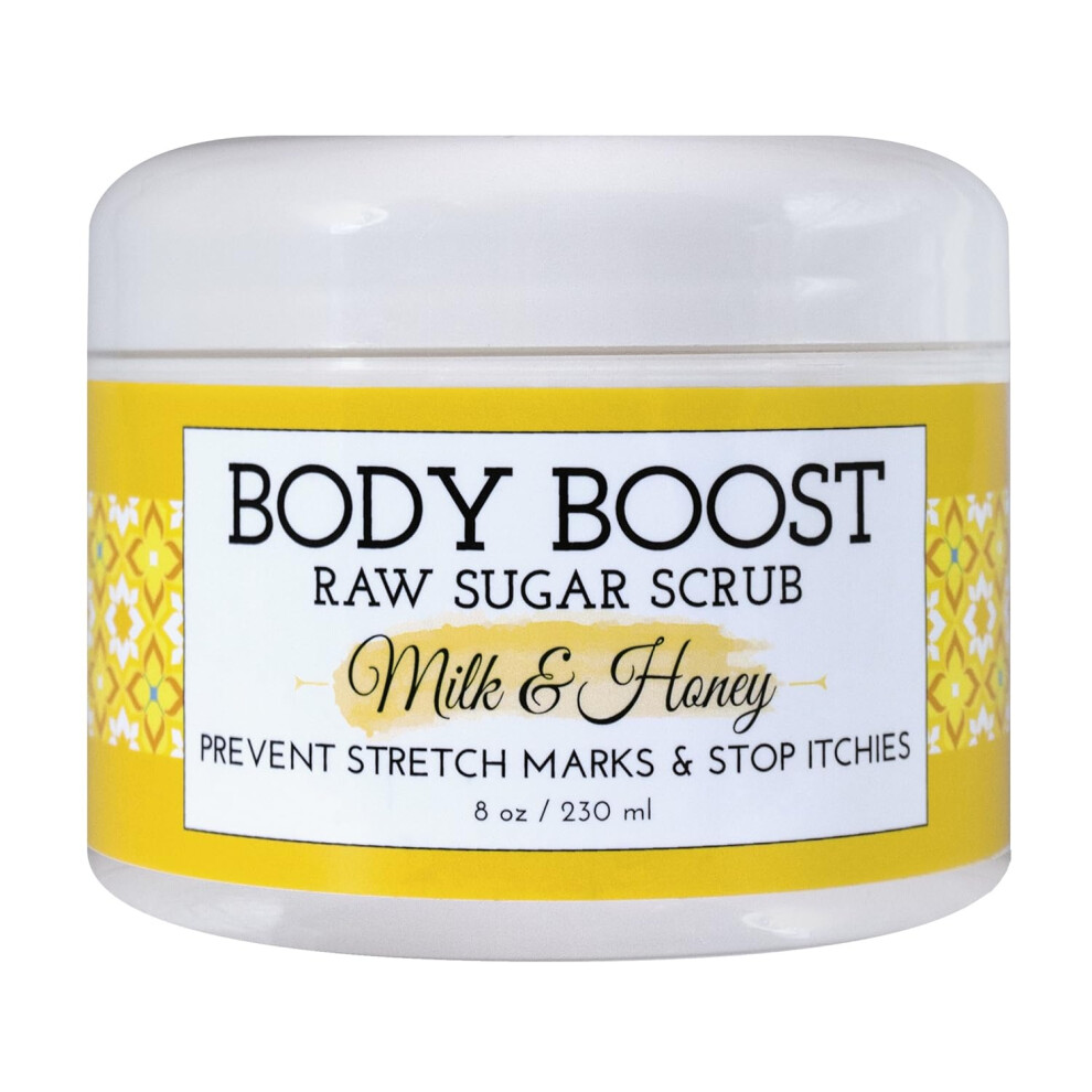 Body Boost Milk  Honey Sugar Scrub 8 oz Help Prevent Dry Skin Stretch Marks and Scars Pregnancy and Nursing Safe Allergen Free