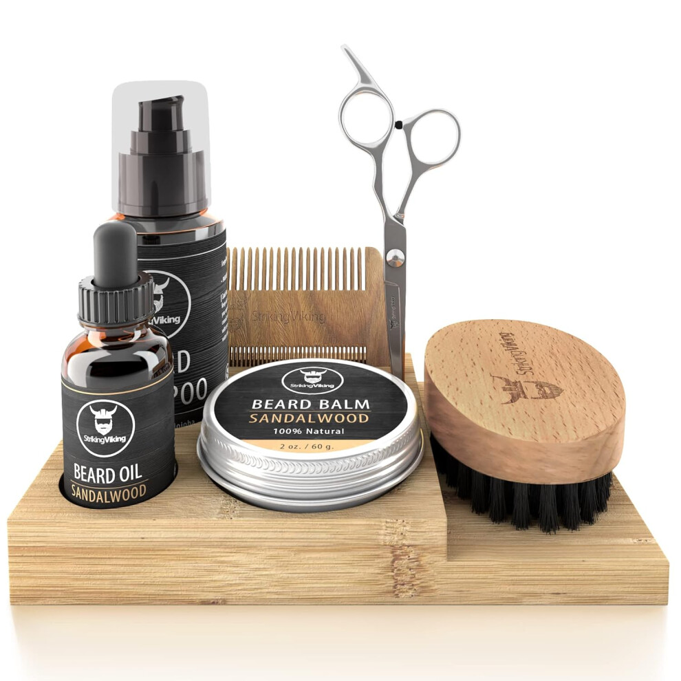 Striking Viking Men's Beard Grooming Kit For With Shampoo Oil Balm Brush Wooden Comb Mustache Scissors 7Piece Sandalwood Caddy For Beard Growth