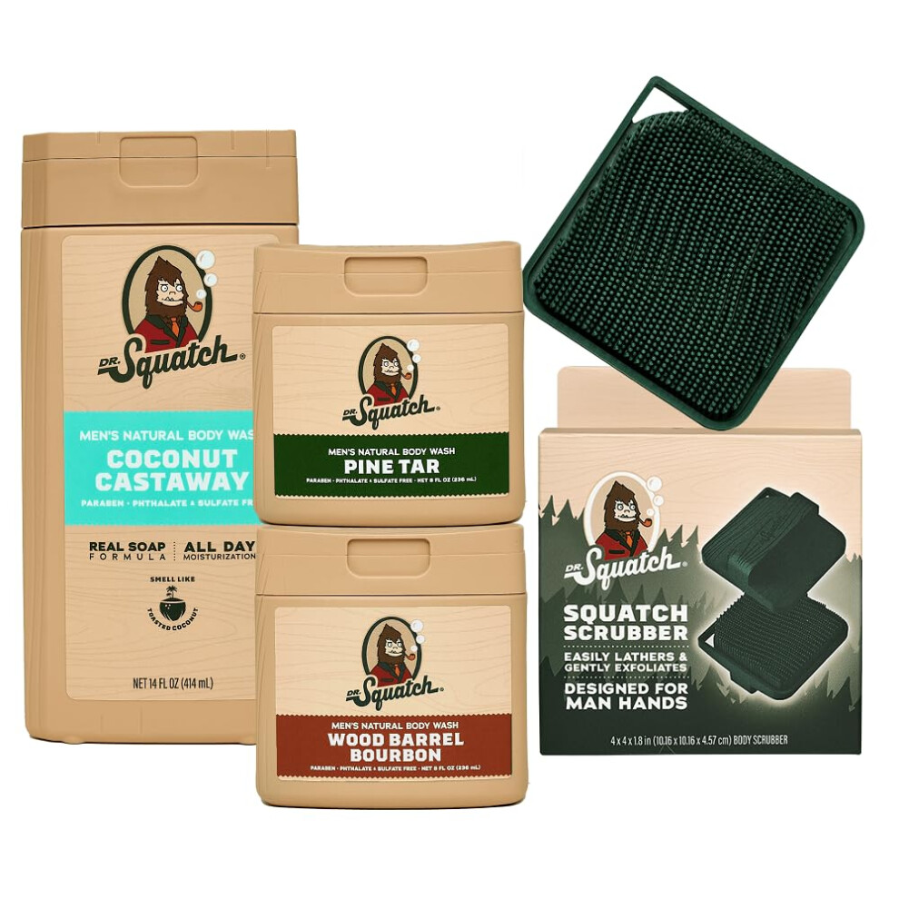 Dr Squatch NEW Natural Body Wash for Men  NonExfoliating  Coconut Castaway 14 oz  Wood Barrel Bourbon  Pine Tar 8 oz 2 Pack  Body Scrubber-image-OPC-PGJ768D-NEW