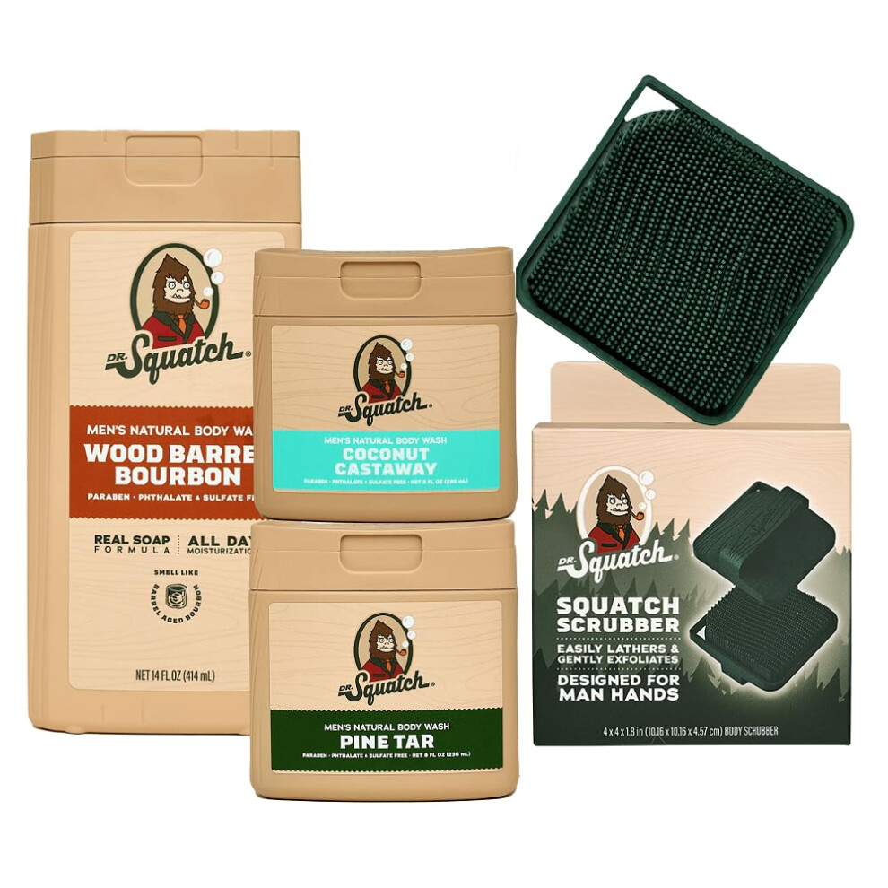 NEW Dr Squatch Natural Body Wash for Men  NonExfoliating  Wood Barrel Bourbon 14 oz  Coconut Castaway  Pine Tar 8 oz 2 Pack  Body Scrubber-image-OPC-PGJ768G-NEW