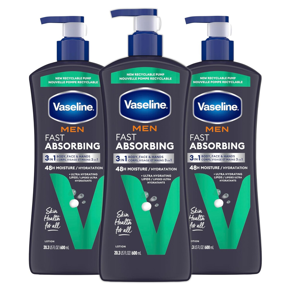 Vaseline Mens Healing Moisture Hand  Body Lotion For Dry or Cracked Skin Fast Absorbing NonGreasy Lotion for Men 203 oz Pack of 3