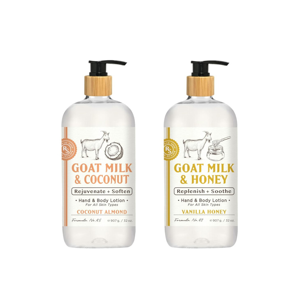 Raes Lil Shop Goats Milk Hand  Body Lotion Coconut Almond and Vanilla Honey Scents 32 oz Set of 2 by Home and Body Company