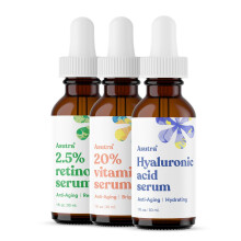 ASUTRA Serum Variety Pack 3 Products - 1 fl oz 2.5% Retinol Face Serum 1 lf oz 20% Vitamin C Face Serum 1 fl oz Hyaluronic Acid Face Serum