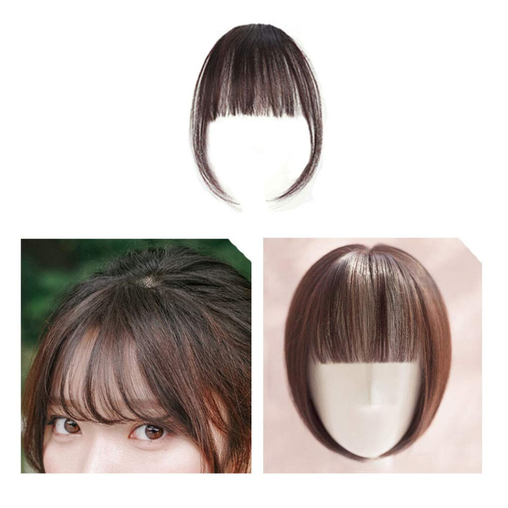 Wixine Unisex Brown 1Pcs Dark Thin Neat Air Bangs Remy Human Hair Extensions Clip In On Fringe Front Hairpiece
