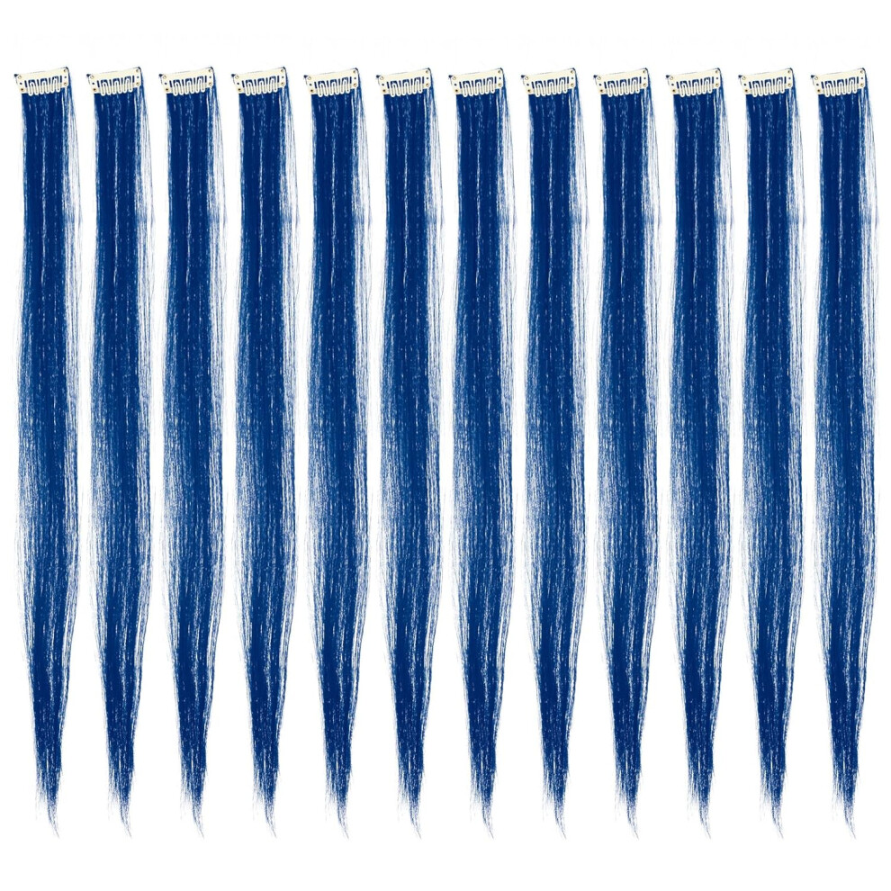 Swacc 12 Pcs Straight One Color Party Highlights Clip On In Hair Extensions Colored Hair Streak Synthetic Hairpieces Blue