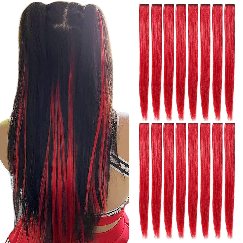 Shkjchp Unisex Red 16 Pcs Straight One Color Party Highlights Clip On In Hair Extensions Colo Hair Streak Synthetic Hairpieces