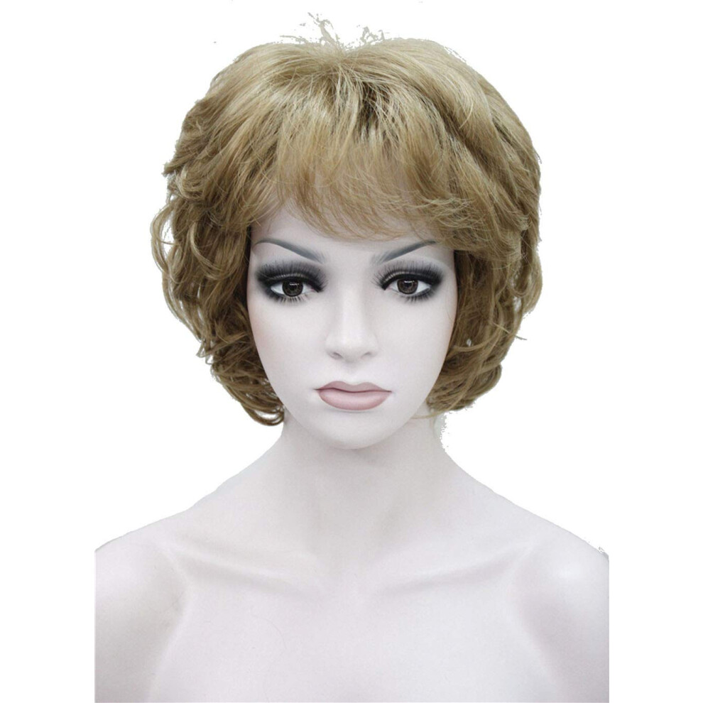 Wiginway Unisex Light Short Curly Wavy Synthetic Hairpiece Wigs With Bangs For Women Girls Strawberry Blonde