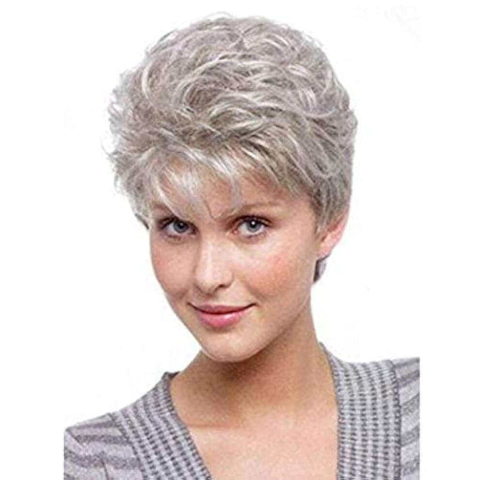 Nicetobuy Unisex Grey Umeet Short Fluffy Curly Wavy Hair Natural Synthetic Wigs With Bangs For Women With Wig Cap
