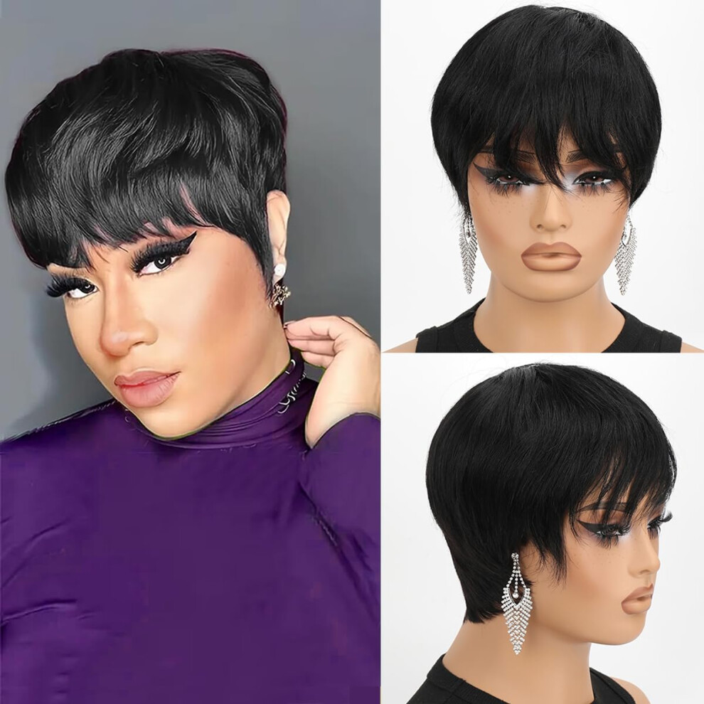 Fluffy Clouds Unisex Black Pixie Cut Wig Human Hair For Women Natural Wig Human Hair Wigs Human Hair Glueless Wear And Go 1B Color Short Pixie Cut Wigs Human Hair