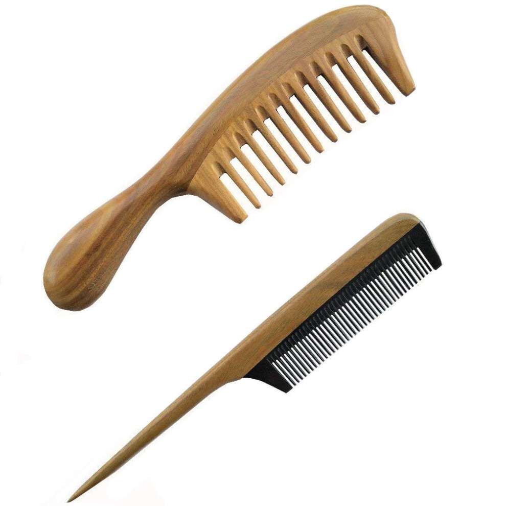 Aguder Unisex Not,Specified Sandalwood Wood Comb No Static Handmade Wide Tooth Comb And Fine Tooth Teasing Tail Comb Natural Buffalo Horn Teeth Comb Wooden Comb Set