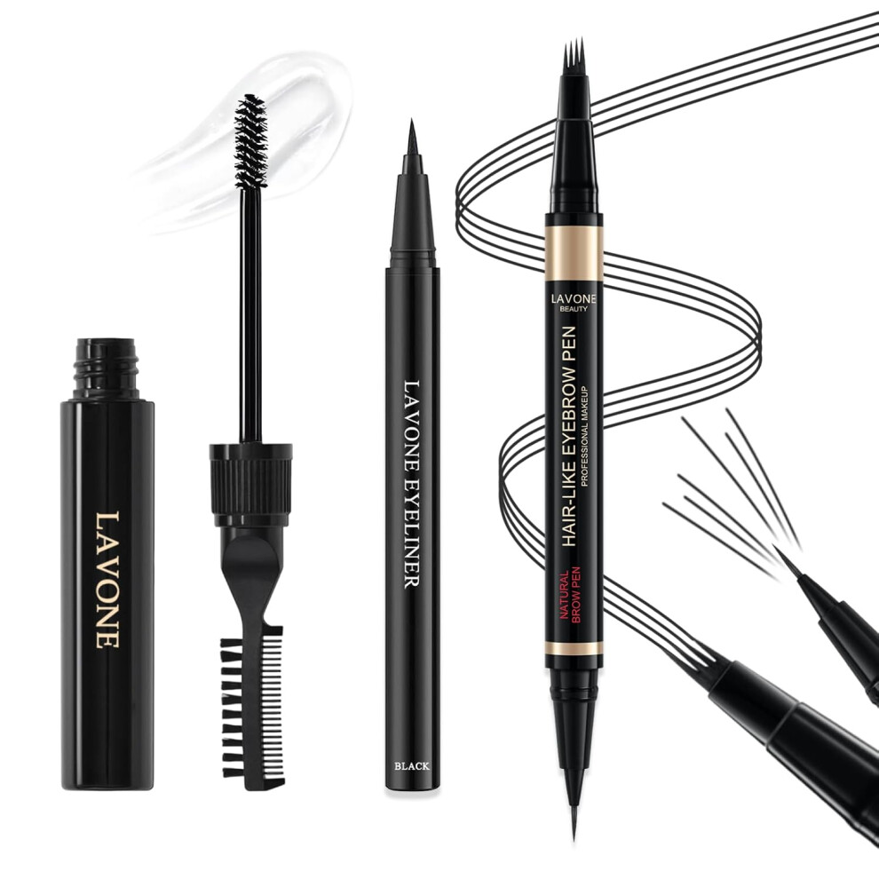 Lavone Eyebrow Pen Makeup Kit With Microblading Eyebrow Pencil Brow Lamination Gel Eyeliner Waterproof Eyebrow Kit For Natural Looking Black