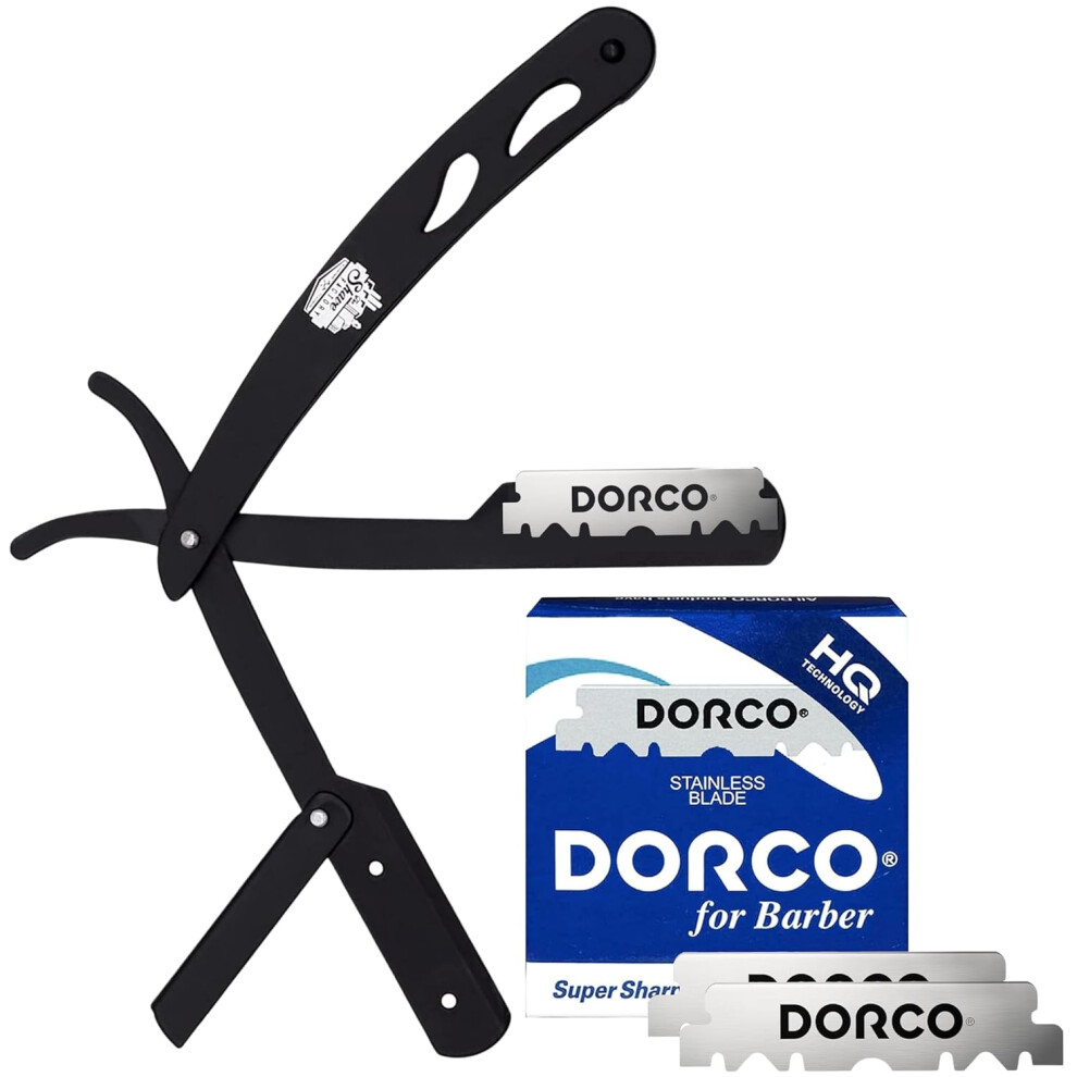 The Shave Factory Black/Blue Straight Edge Razor Kit 100 Dorco Single Edge Razor Blades