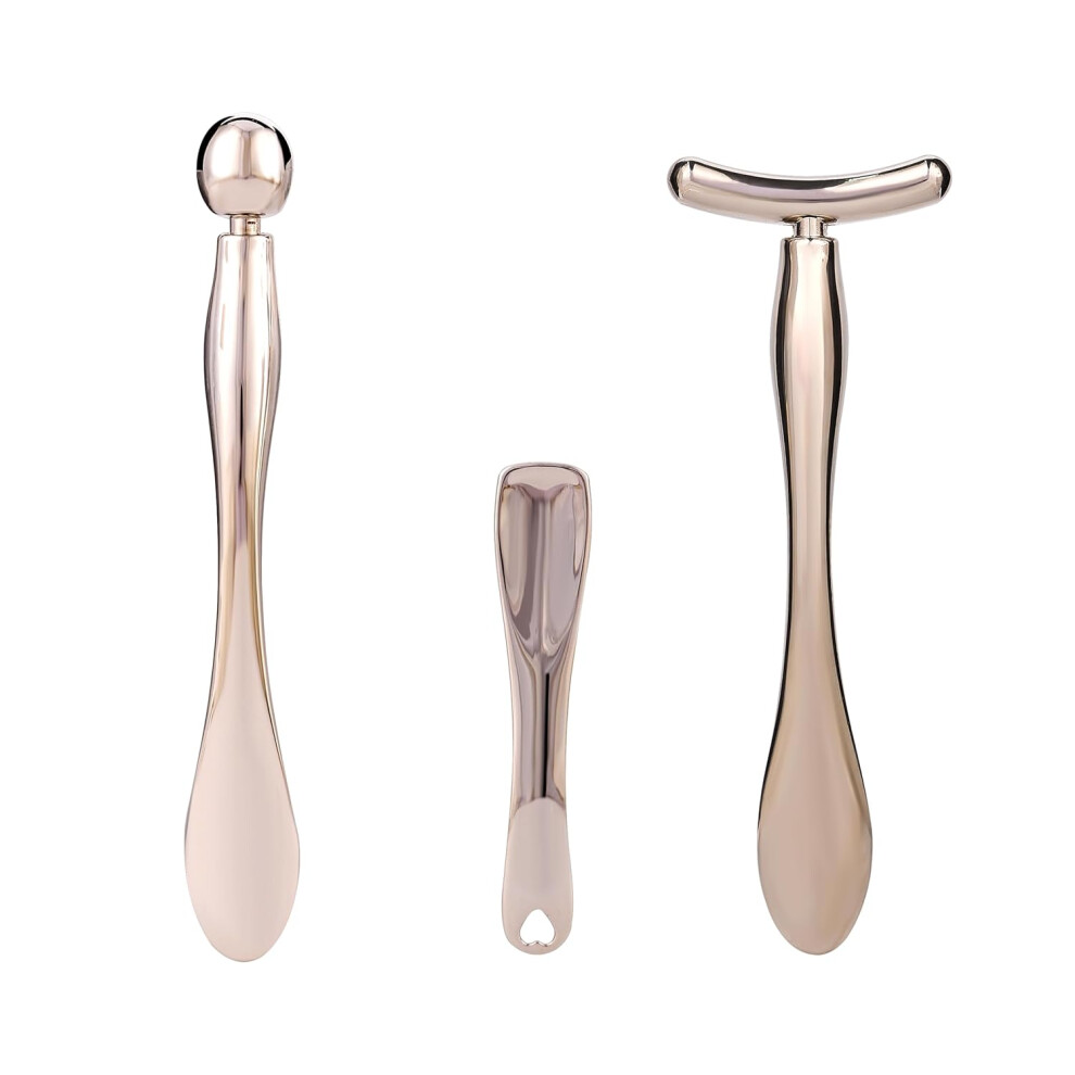 Lengnuantazhi Cream/Silver 3Pcs Metal Eye And Face Applicator Stick Cosmetics Spoon Spatula Massager Tool For Facial Massage Reduce Puffiness
