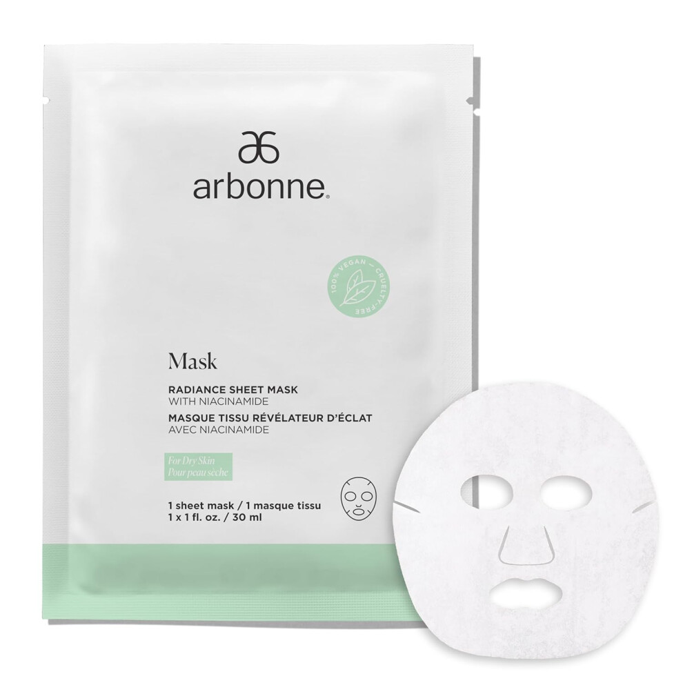 Arbonne Radiance Face Sheet Mask  Sheet Face Mask with Niacinamide for Dry and Dull Skin Enhance Brightness Tone Smooth and Hydrate Skin  1 Pack