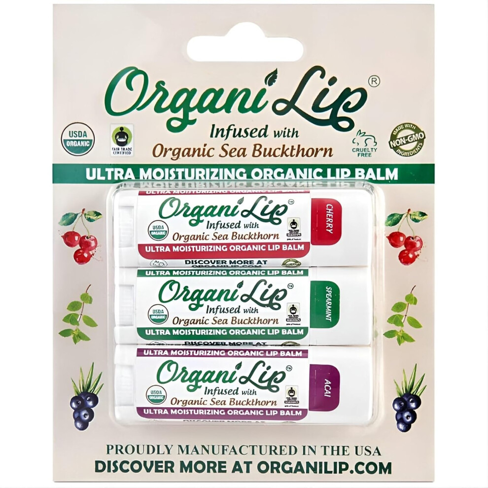 Organilip Organic Lip Balm Variety Pack Spearmint Cherry Acai Ultra Hydrating Lip Moisturizer For Dry Lips Usda Certified Organic 3 Pack