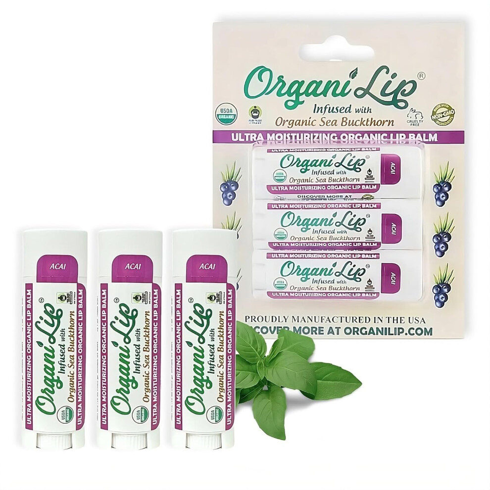 Organilip Organic Lip Balm Acai Flavor Ultra Hydrating Lip Moisturizer For Cracked Or Dry Lips Oval Shaped Tube Usda Certified Organic 3 Pack