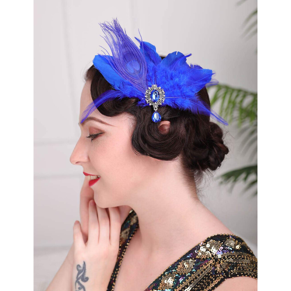 Aimimier Degli Anni '20 Flapper Feather Hair Clip Royal Blue Crystal Teactop Festival Della Festa Del Ballo Di Fine Anno Accessori Per Anni '20 Per D