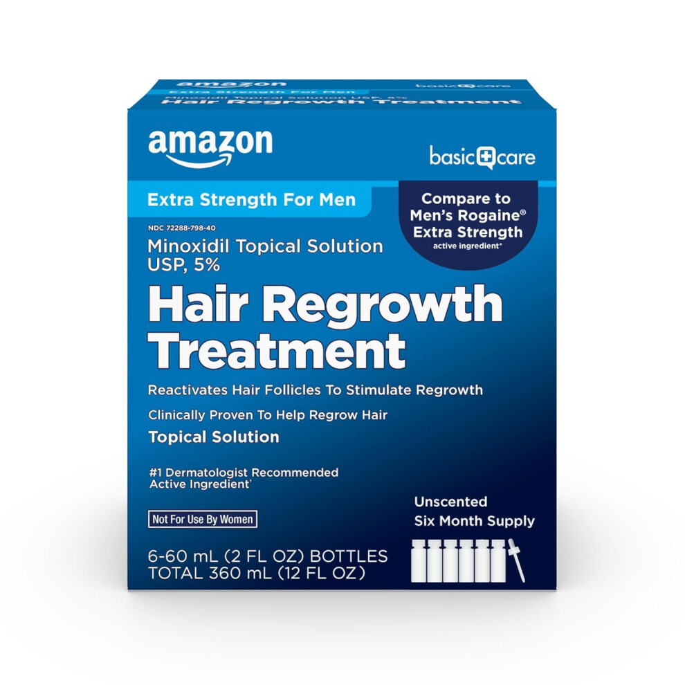 Amazon Basic Care Minoxidil Topical Solution USP 5 Percent Hair Regrowth Treatment for Men Extra Strength 12 Fluid Ounces