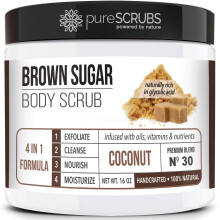 pureSCRUBS Premium Kokosnød Brun Sukker Scrub | Ansigt, Fødder & Krop | 16oz Krukke med Ske, Loofah & Mini Exfolierende Sæbe