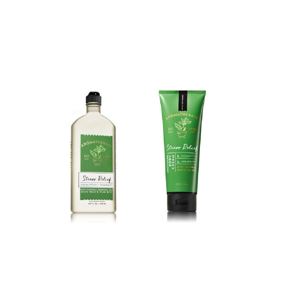 Bath Body Works Aromatherapy Stress Relief Eucalyptus Spearmint Bundle Body Wash Foam Bath 10oz Body Cream 8 oz