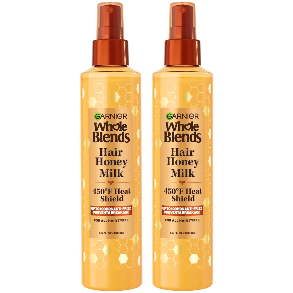 Garnier Whole Blends Hair Honey Milk 450F Heat Protectant Spray For All Hair Types With Up To 100 Hrs of Frizz Control 85 Fl Oz 2 Count