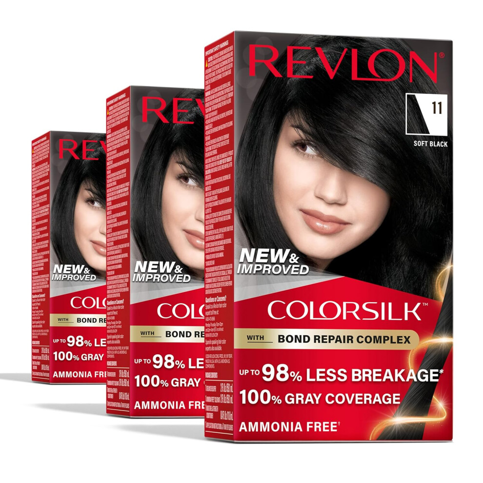 Revlon ColorSilk with Bond Repair Complex Permanent Hair Color 100 Gray Coverage Ammonia Free Hair Dye Vegan Keratin 11 Soft Black Pack of 3