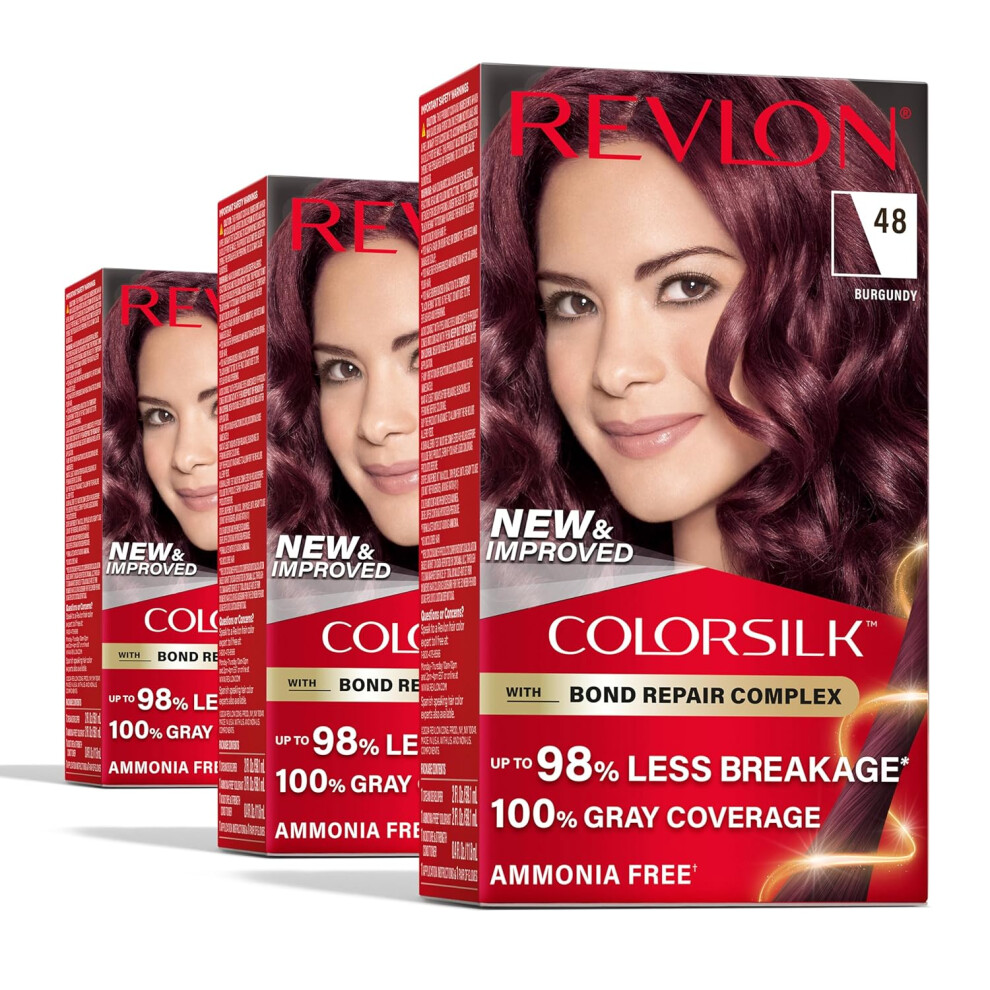 Revlon ColorSilk with Bond Repair Complex Permanent Hair Color 100 Gray Coverage Ammonia Free Hair Dye Vegan Keratin 48 Burgundy Pack of 3