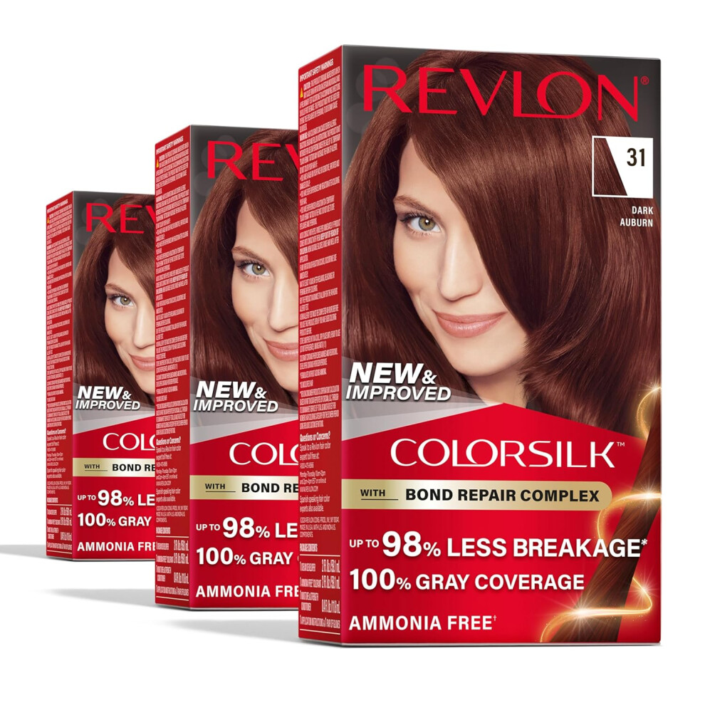 Revlon ColorSilk with Bond Repair Complex Permanent Hair Color 100 Gray Coverage Ammonia Free Hair Dye Vegan Keratin 31 Dark Auburn Pack of 3