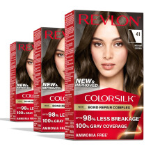 Revlon ColorSilk met Bond Repair Complex Bruin Permanente haarkleur 100% grijsdekking Ammoniakvrije haarverf Vegan Keratine 41 Middenbruin (pak van 3