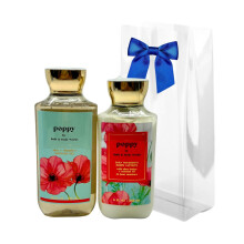 Bath & Body Works POPPY douchegel en bodylotion - bundel van 2 stuks met een blauwe strik voor feestdagen en cadeaus
