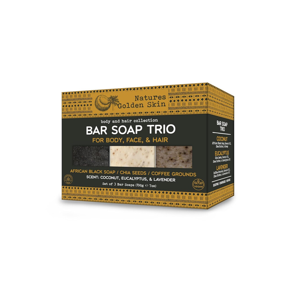 Natures Golden Skin Bar Soap Trio for Body Face  Hair Coconut Eucalyptus Lavender 3 Bars 7 oz each  Home and Body Company