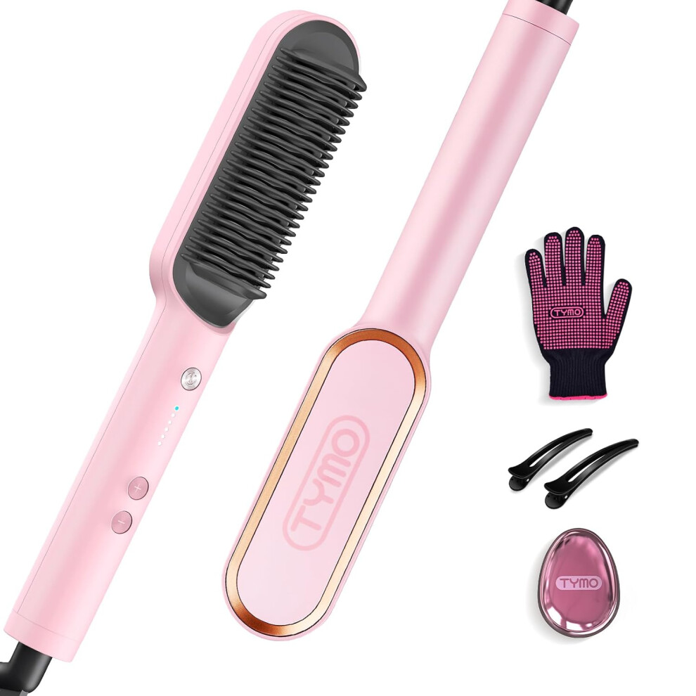 Tymo Pink Hair Straightener Brush Ring Hair Straightener Comb Straightening Brush For Women With 5 Temps 20S Fast Heating Dual Voltage
