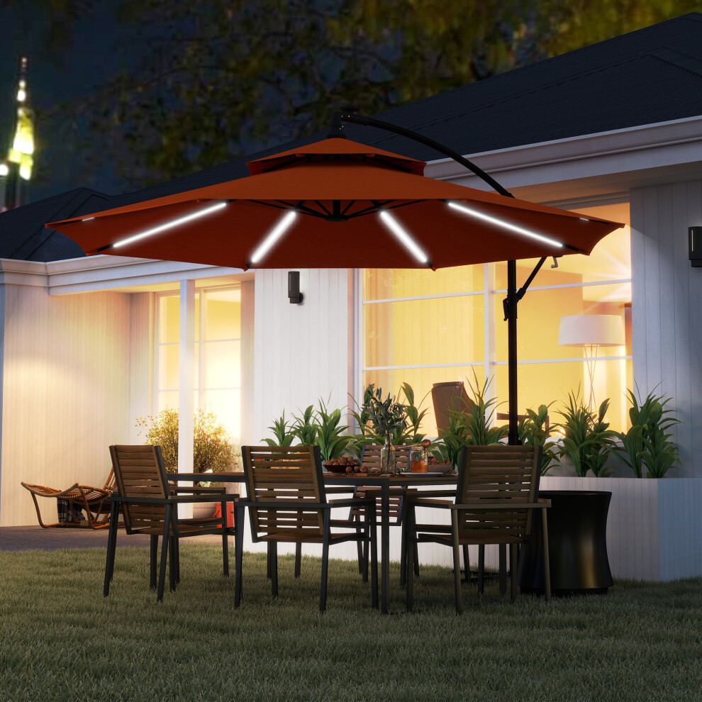 Outsunny 3(m) Cantilever Parasol Hanging Banana Umbrella w/ lights, Orange