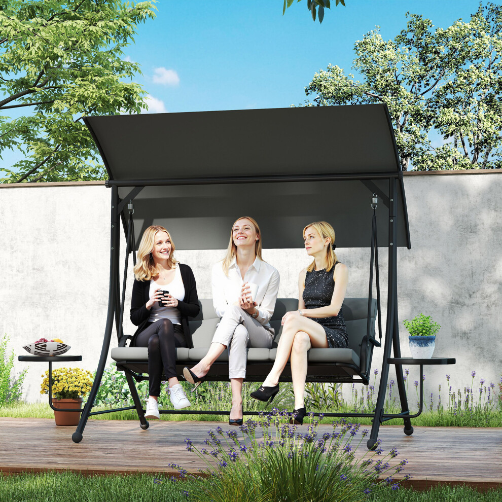 Outsunny 3 Seat Garden Swing Chair Steel W/ Adjustable Canopy And Coffee Tables Brown
