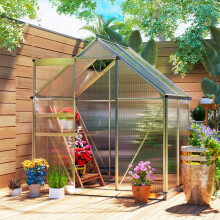 Outsunny Polycarbonate Walk-In Garden Greenhouse with Sliding Door - Silver Tone, 192.5 x 131 cm (845-540V03SR)