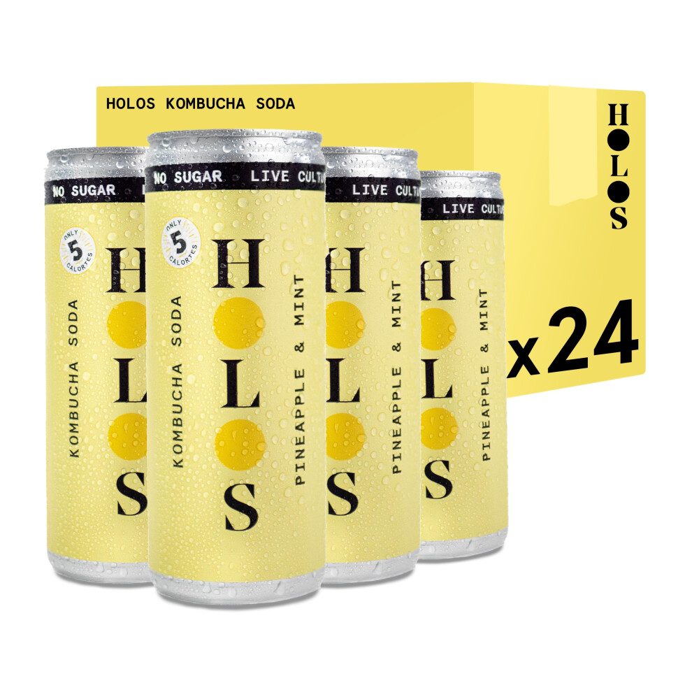 Holos Kombucha Soda - Pineapple & Mint Sparkling Kombucha Drink - Vegan Sugar Free Drinks - Gluten Free Live Culture Drink - 24 X 250Ml Kombucha Cans
