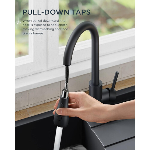 Kitchen Sink Taps Mixer with Pull Out Spray, Swivel Single Handle High Arc Pull Down Stainless Steel Kitchen Faucet, Matte Black 1