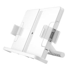 Atril manos libres: soporte ajustable y expandible para una lectura cómoda en ángulo de 90, clips transparentes para páginas.