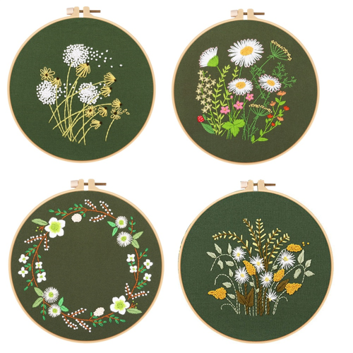 4 Sets Hand Embroidery Kit for Beginners Adults , Includes Flower, Hoop, Color Threads, Tools 1