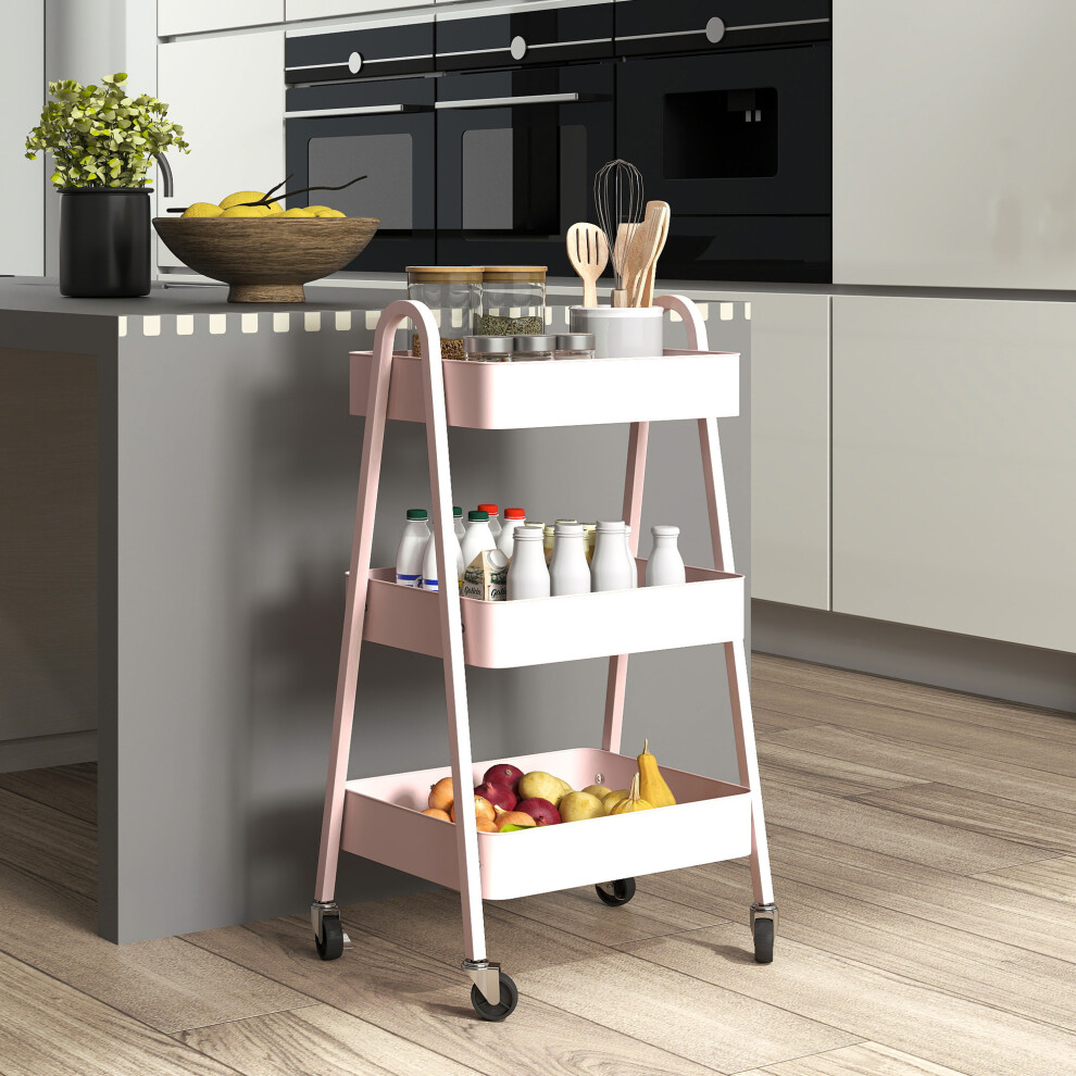 HOMCOM 3-Tier Rolling Utility Cart Kitchen Storage Trolley on Wheels Pink