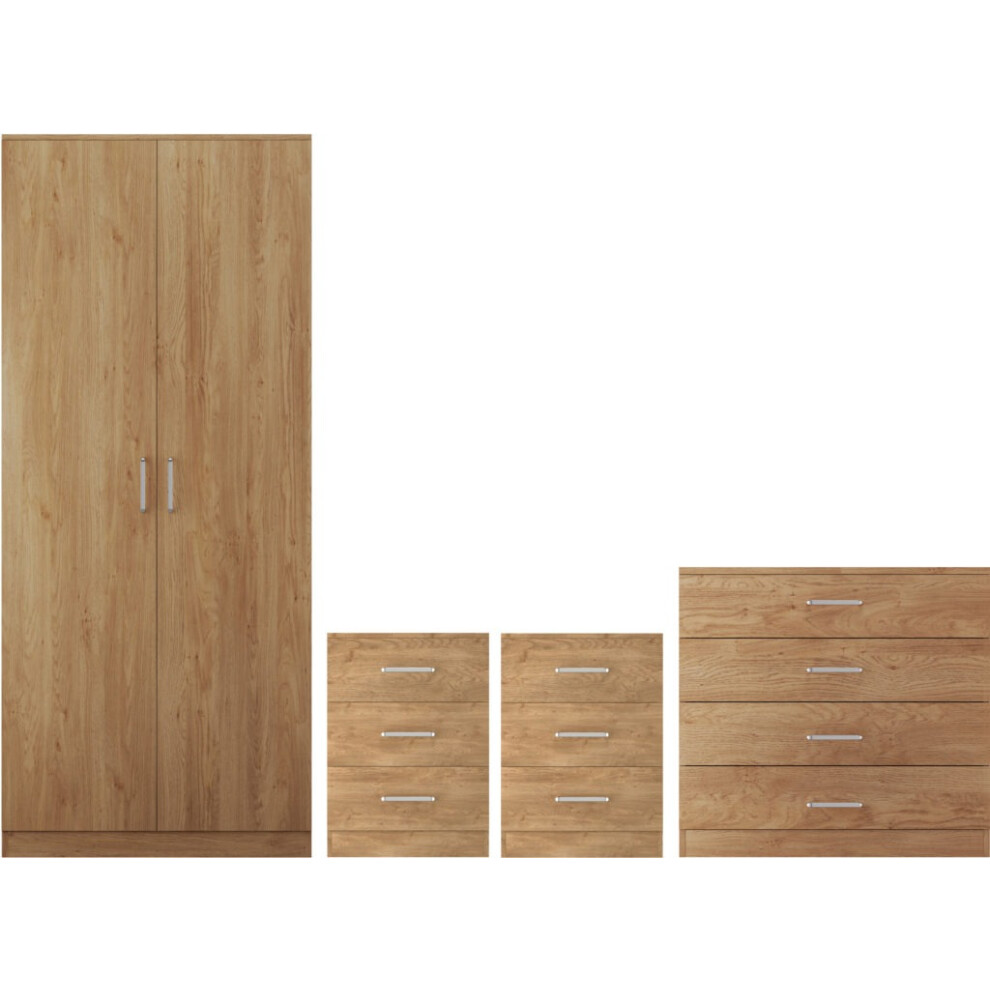 Dakota Bedroom Set Wardrobe Chest of Drawers 2 Bedsides Oak Effect