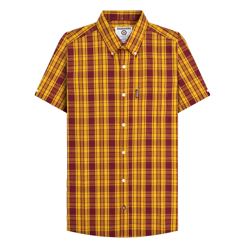 (L, Burgundy/Gold) Lambretta Mens SS25 Checked Shirt