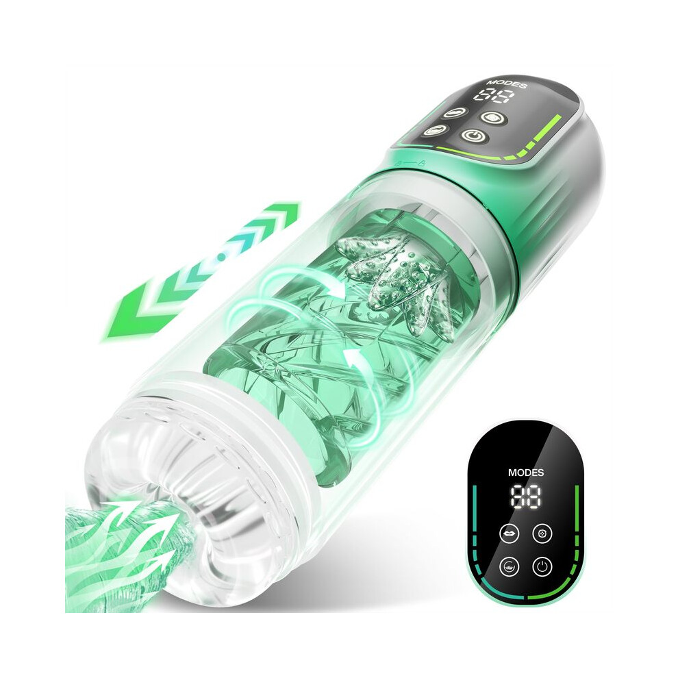(Green) 4in1 LCD Automatic Male Masturbator Thrusting Sucking Masturbation Cup Tongue Licking Penis Pump Pocket