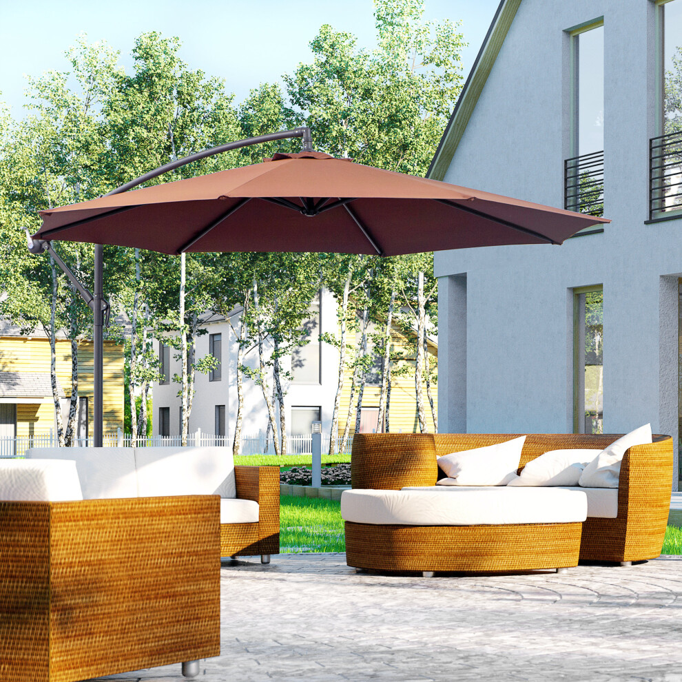 Outsunny 3(M) Garden Banana Parasol Cantilever Umbrella W/ Crank, Coffee