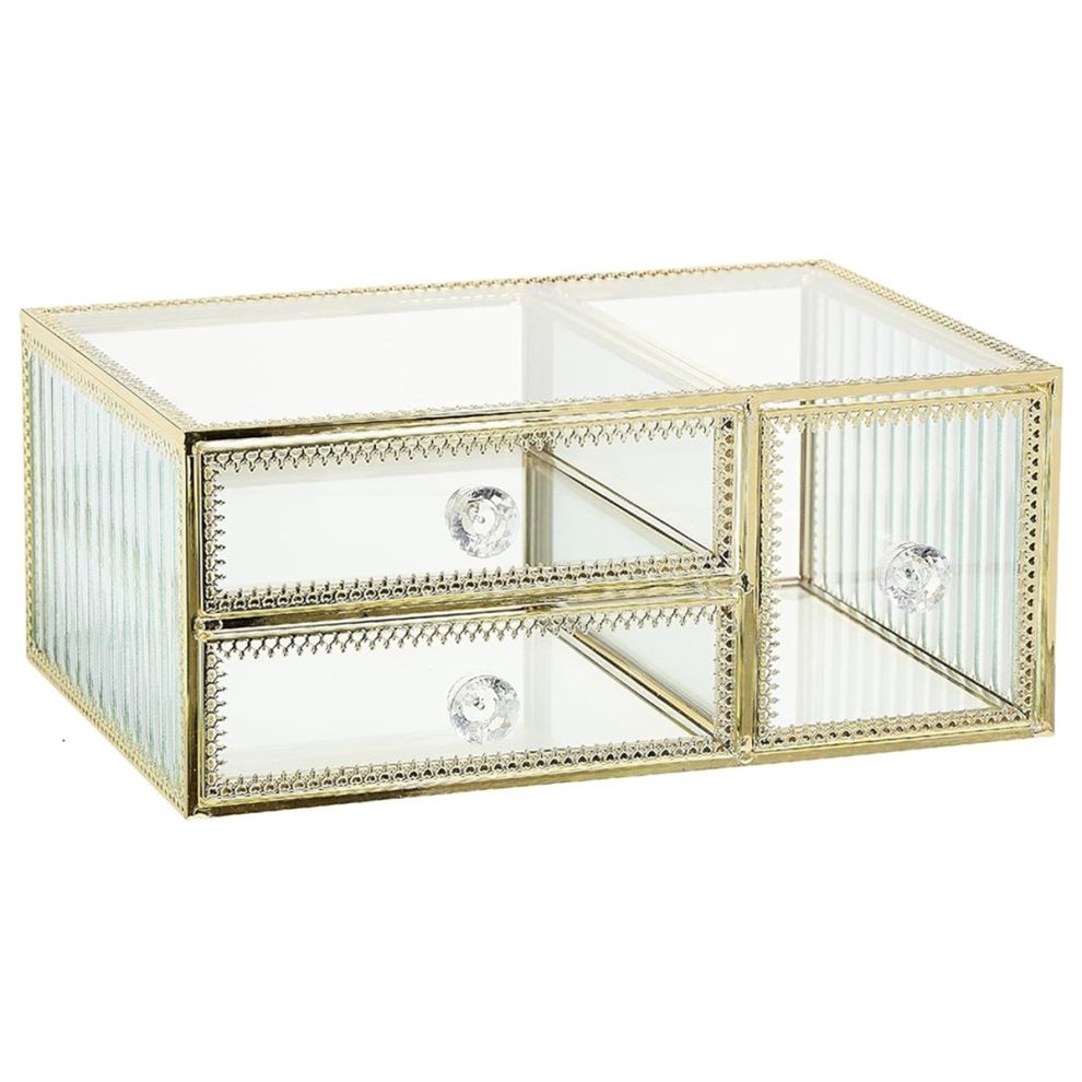 Organizer In Vetro A 3 Cassetti - Elegante Contenitore Per Il Trucco Con Un Tocco Di Oro, Ottimo Per Rossetti E Pennelli, Chiara Visibilità
