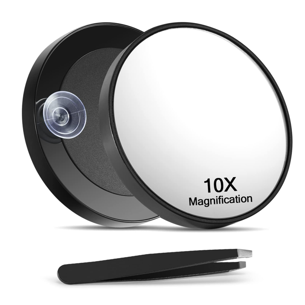 10X Magnifying Mirror with Tweezers Magnified Makeup 2 Suction Cups for Grooming & Travel