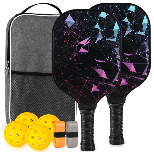 Κουπί Pickleball, Σετ Fiberglass με 2 Κουπιά, 4 Μπάλες, 1 Φορητή τσάντα μεταφοράς